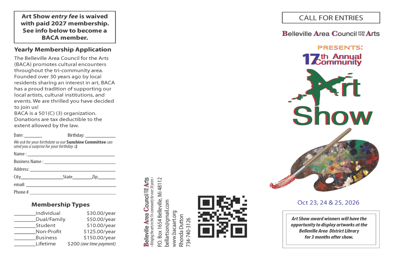Page 1 of printable entry form for Belleville Area Council for the Arts 17th Annual Community Art Show 2026